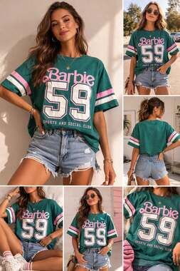 Barbie Sports and Social Club Teal Varsity Jersey Graphic Tee